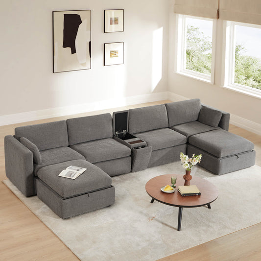 Modular Sofa Chaise in Grey with Storage Ottomans