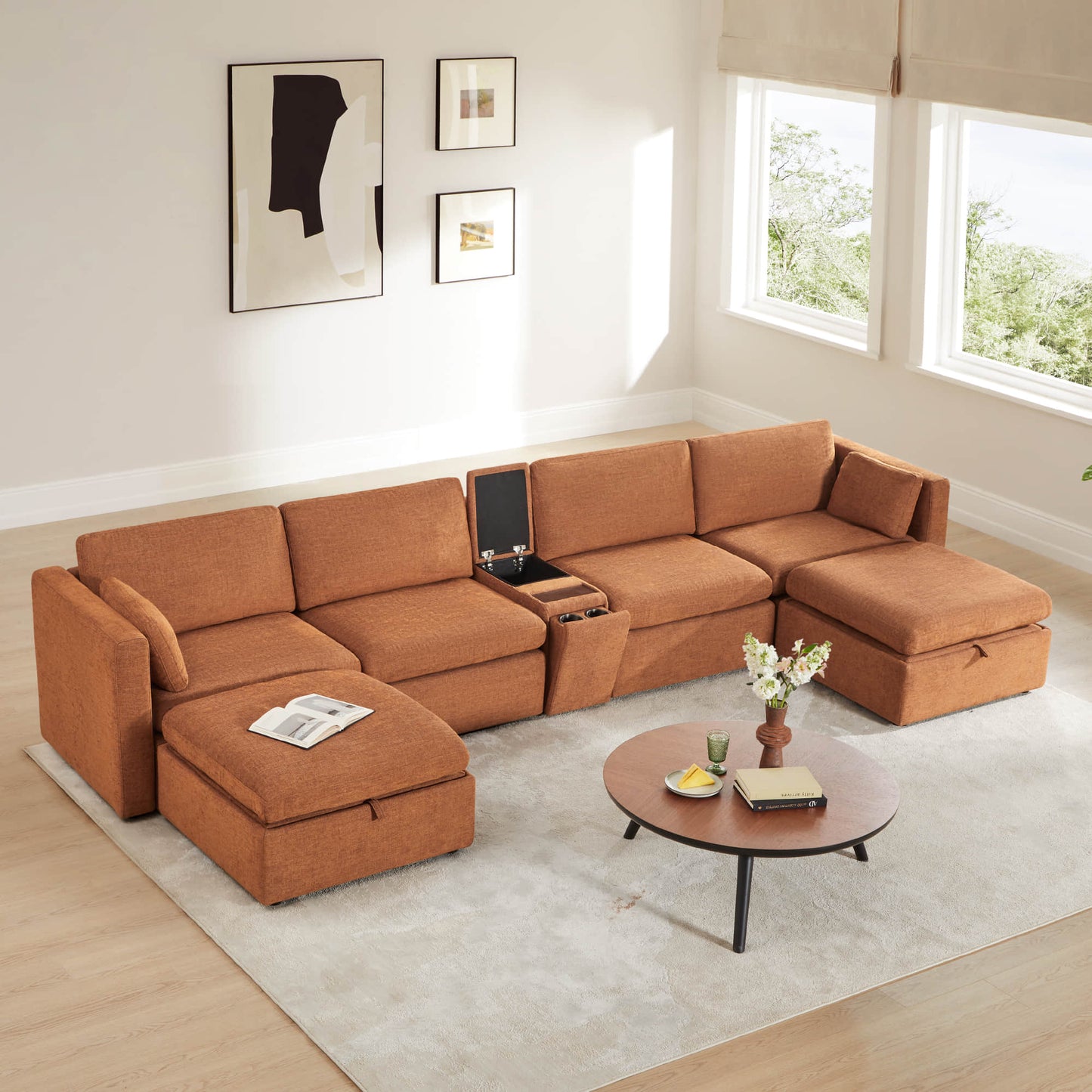 Modular Sofa Chaise in Grey with Storage Ottomans