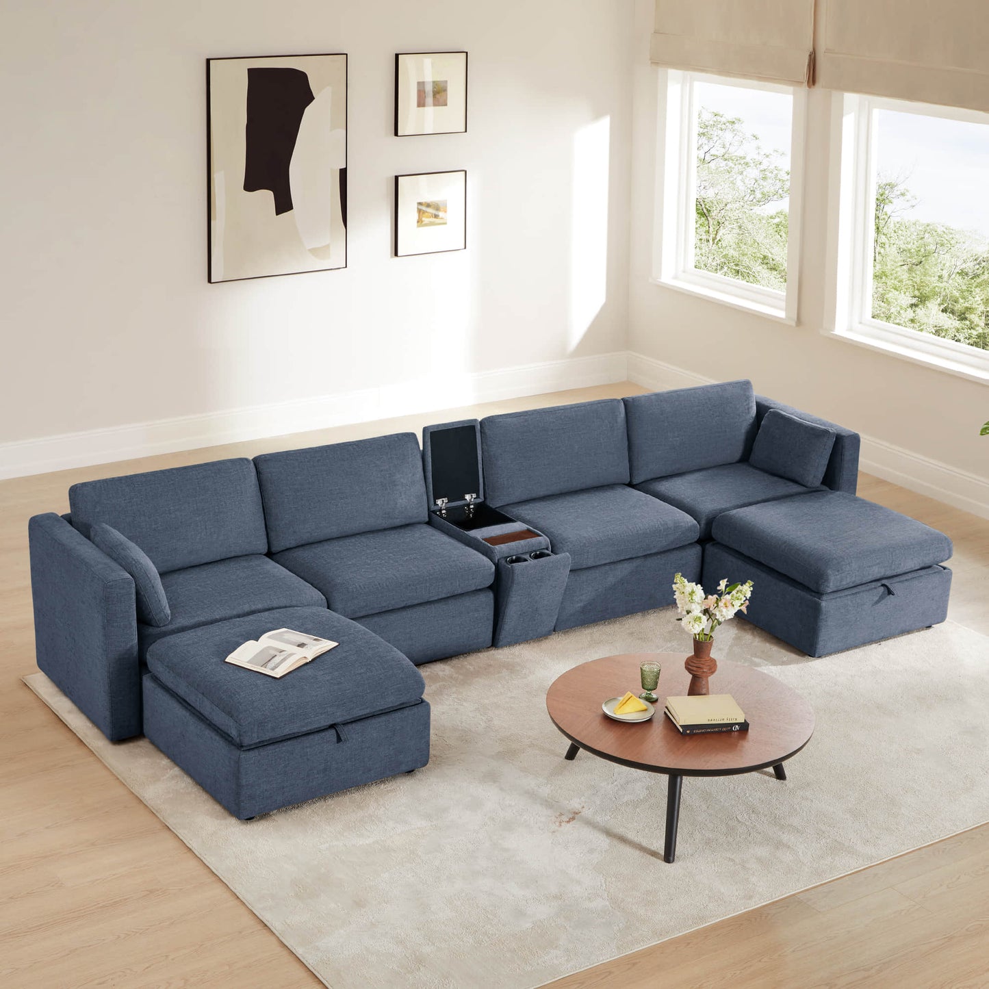 Modular Sofa Chaise in Grey with Storage Ottomans