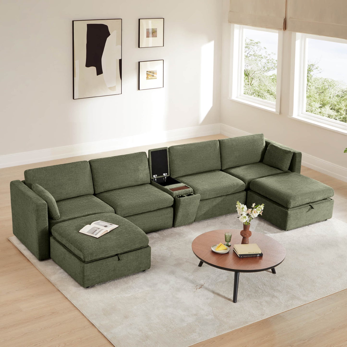 Modular Sofa Chaise in Grey with Storage Ottomans