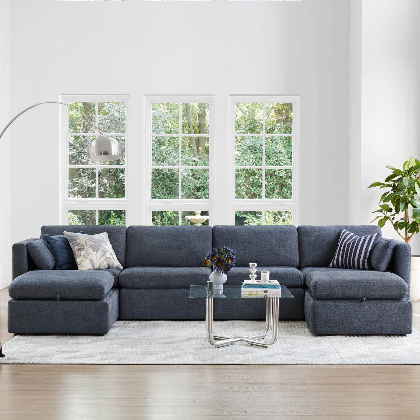 Modular Sofa Chaise in Grey with Storage Ottomans