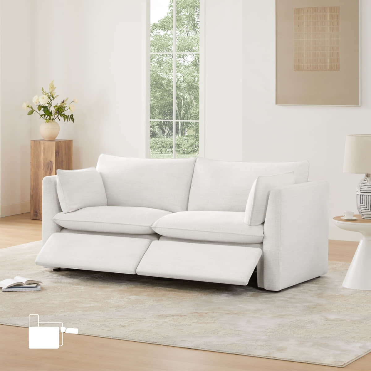 Modular Sofa in Feather Fabric with Electric Footrests
