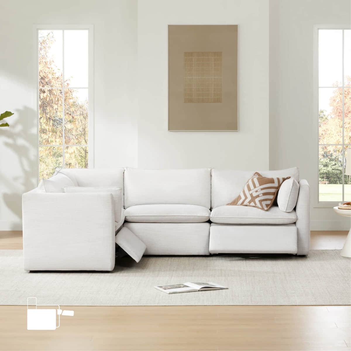 Modular Sofa in Feather Fabric with Electric Footrests