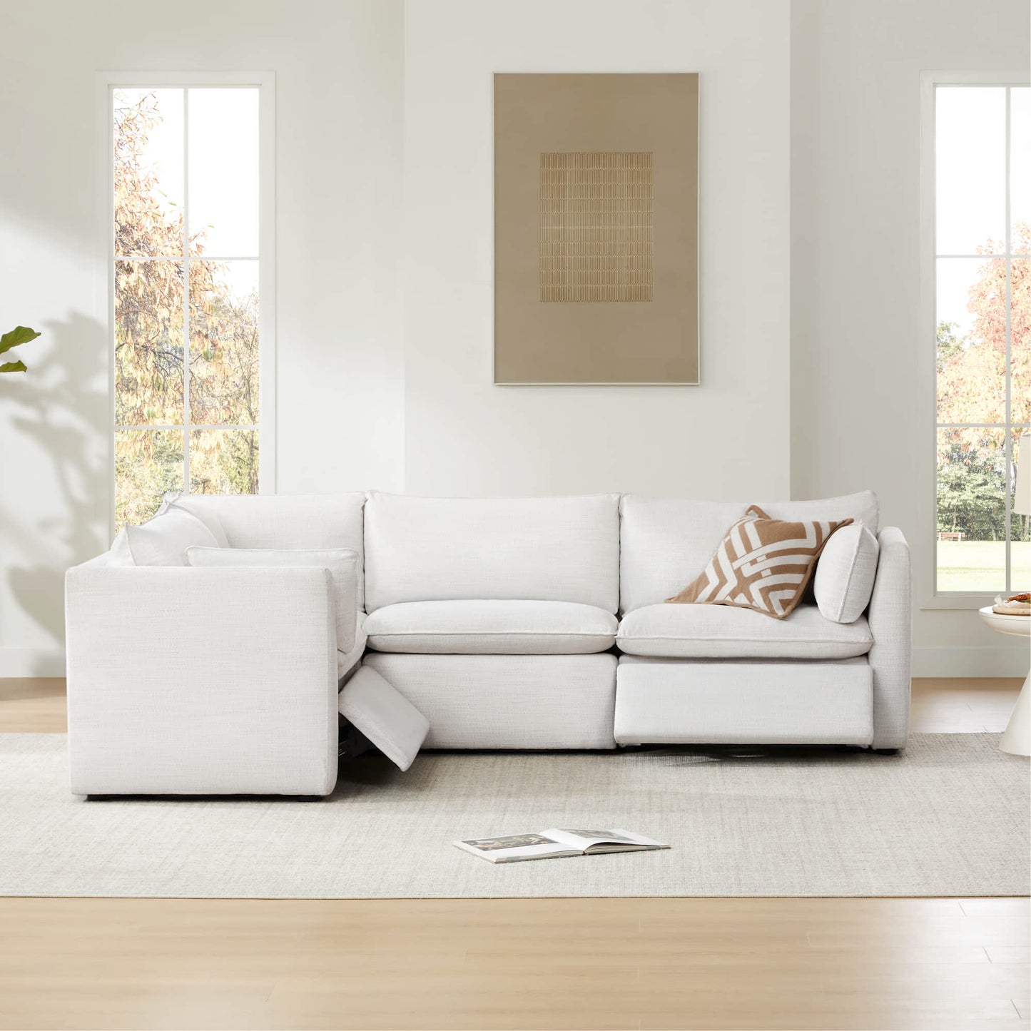 Modular Sofa in Feather Fabric with Electric Footrests