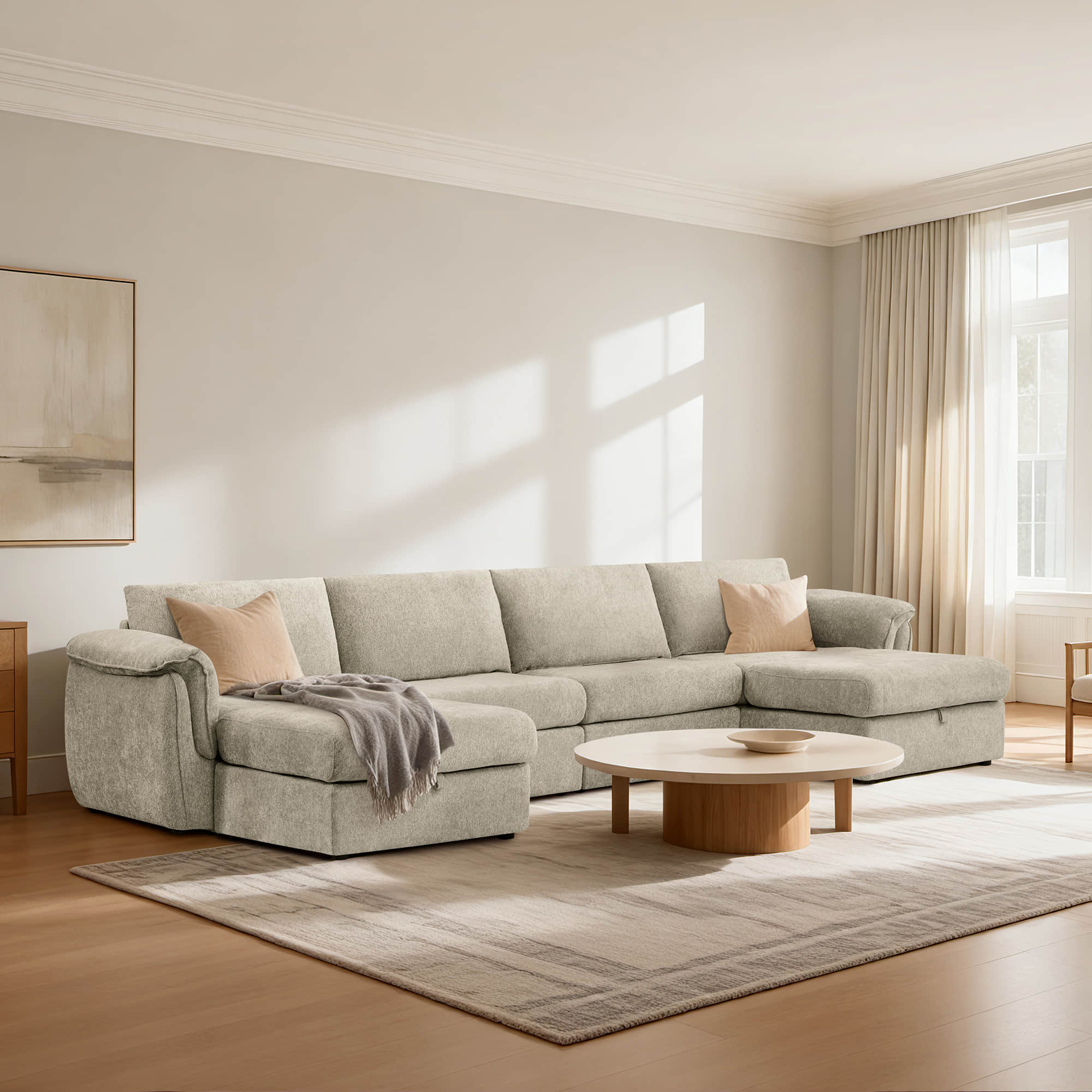 Modular Sofa in Grey Fabric with Storage Ottoman