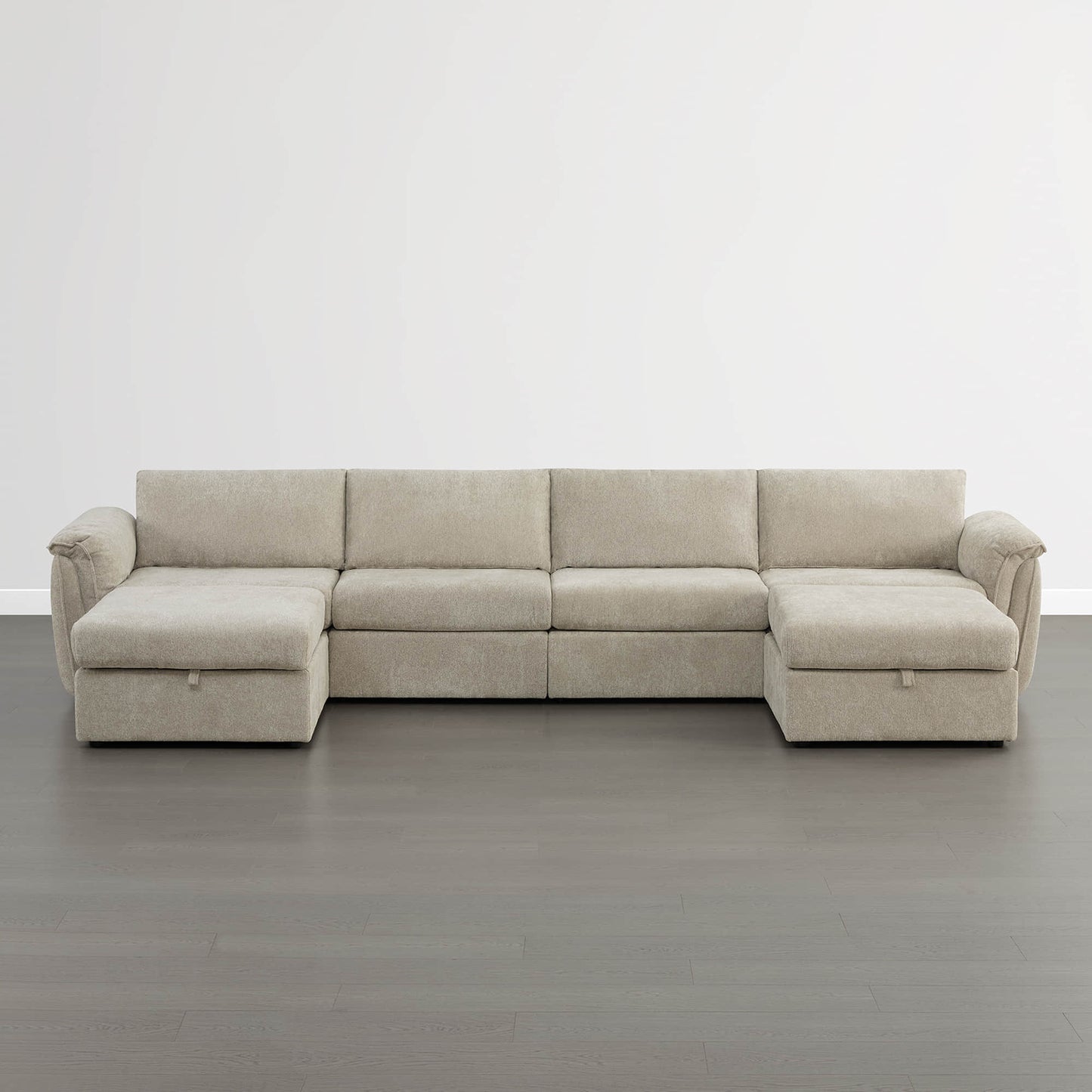 Modular Sofa in Grey Fabric with Storage Ottoman