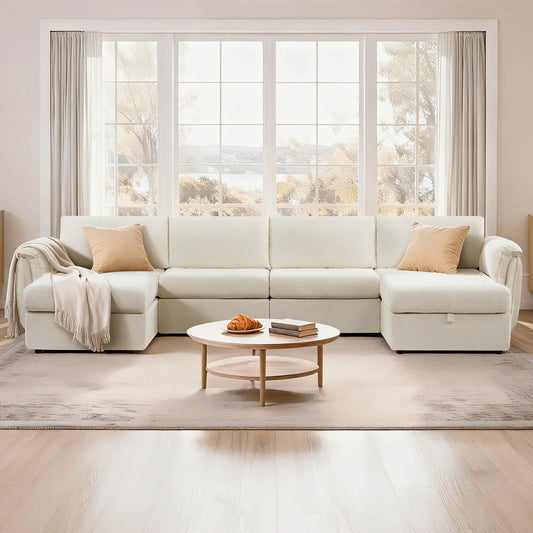 Modular Sofa in Grey Fabric with Storage Ottoman