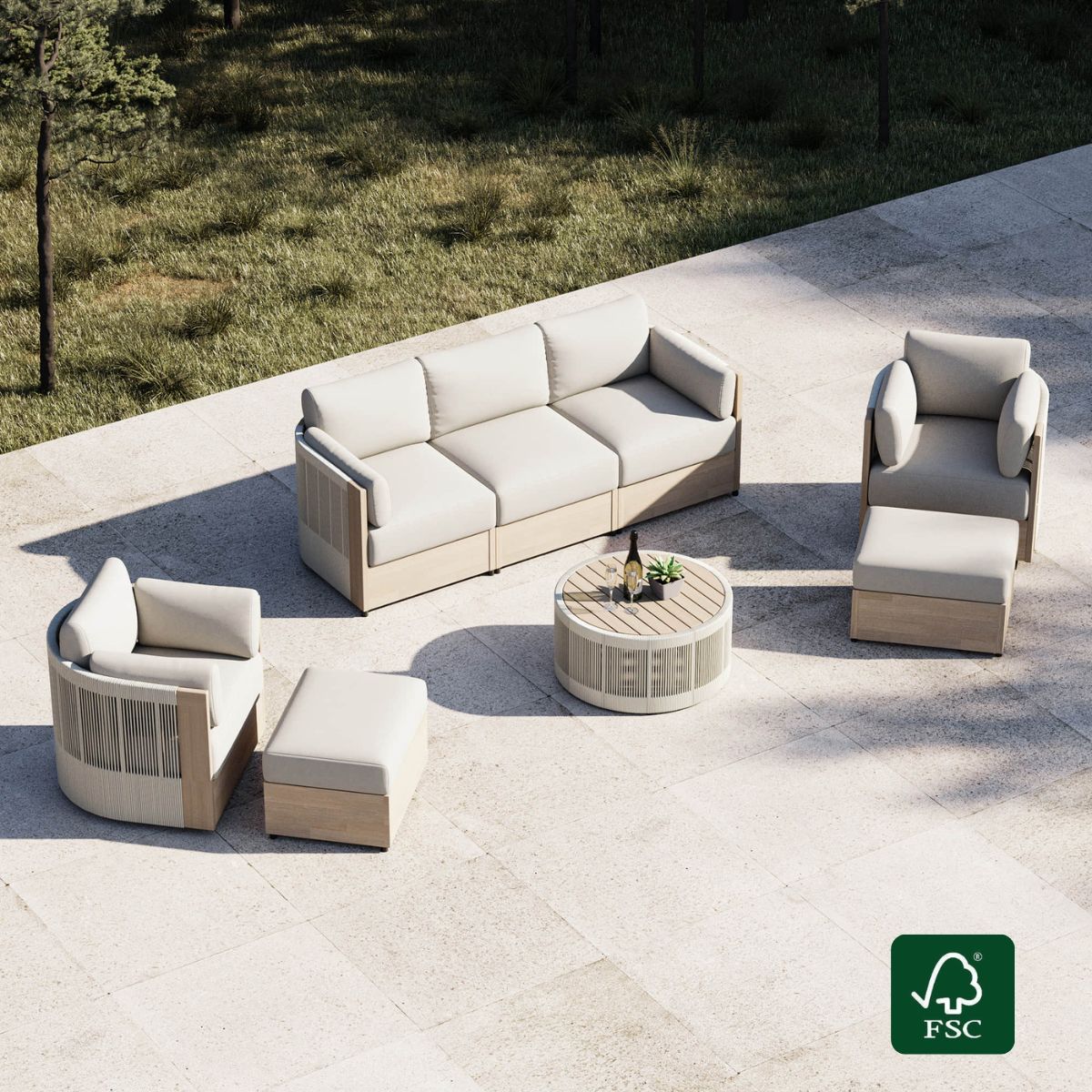 Modular Sofa Set in Acacia Wood with Rope Detailing