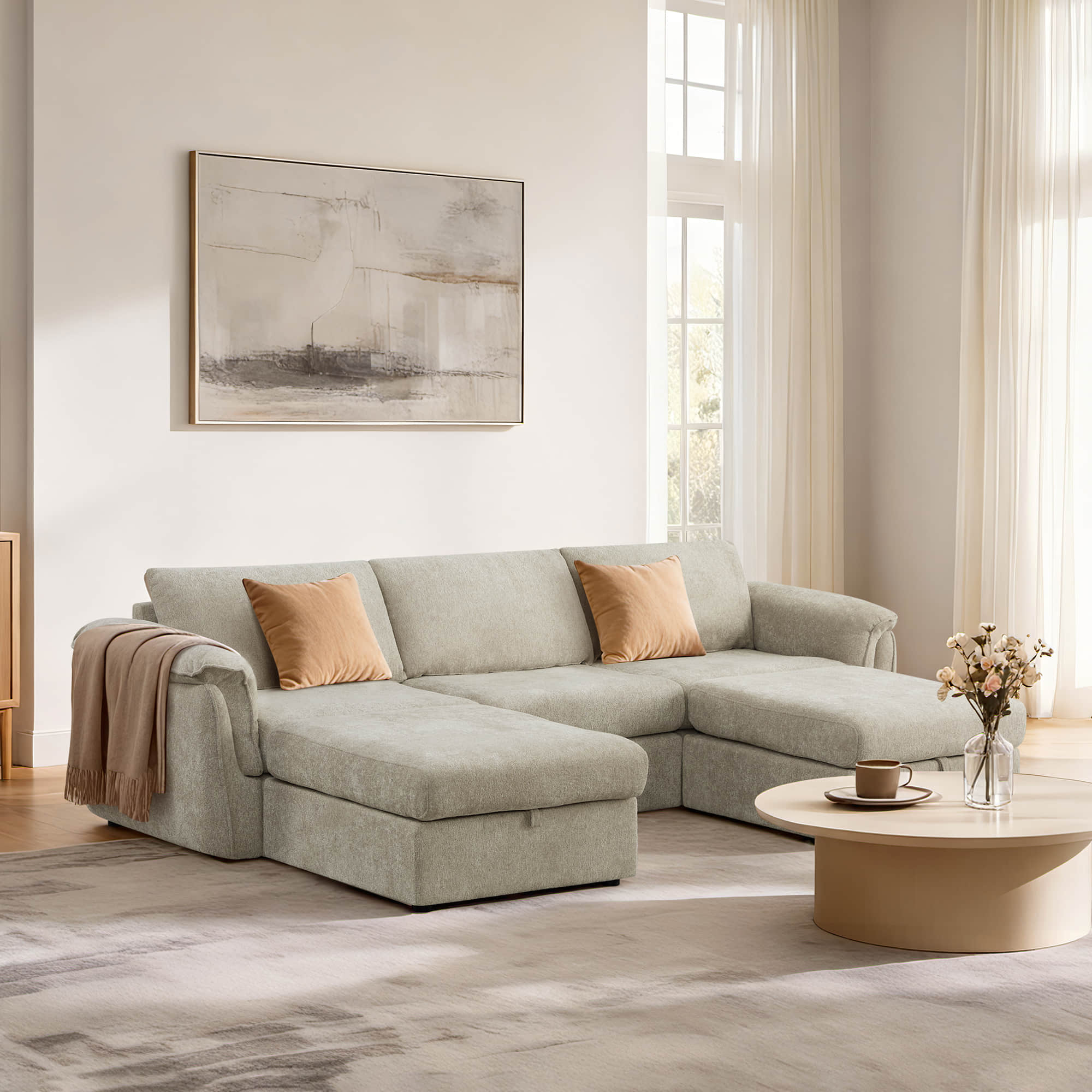Modular Sofa with Storage Ottoman and 5-Seat Design