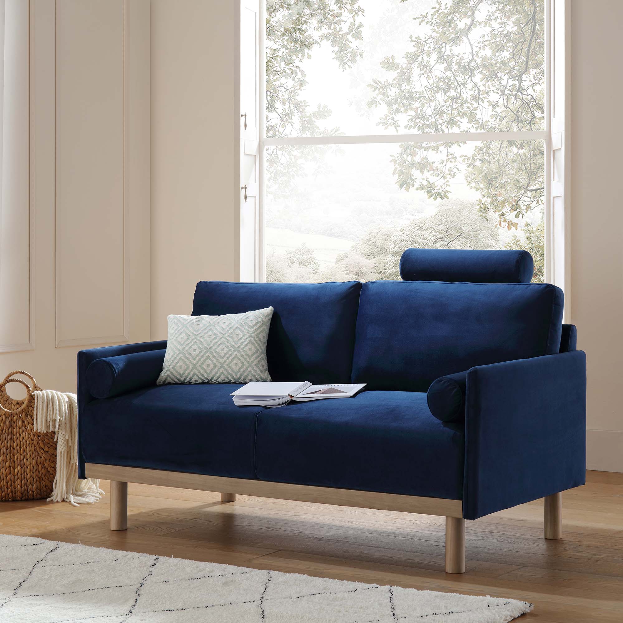 Navy Blue Velvet 2-Seater Sofa with Timber Frame