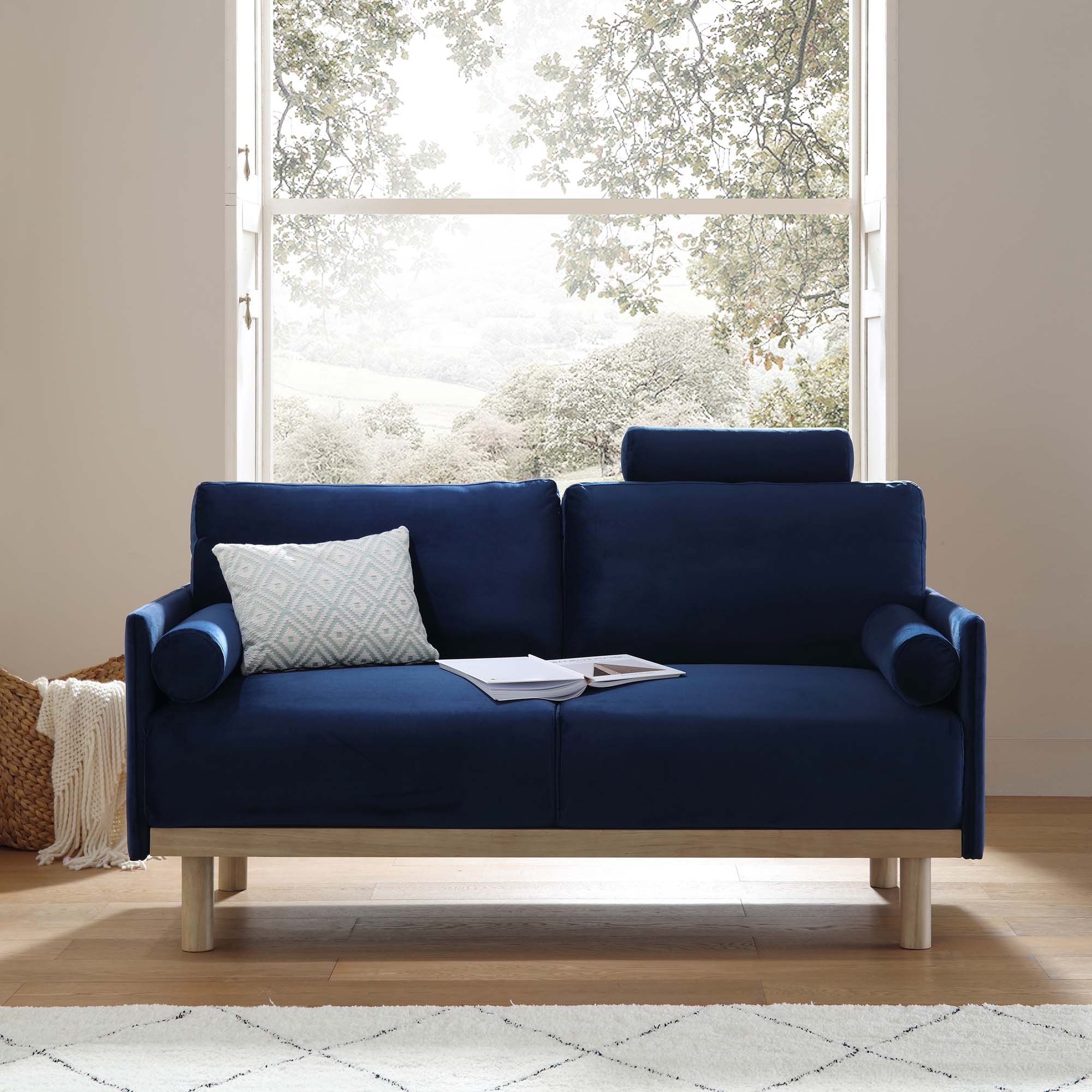 Navy Blue Velvet 2-Seater Sofa with Timber Frame