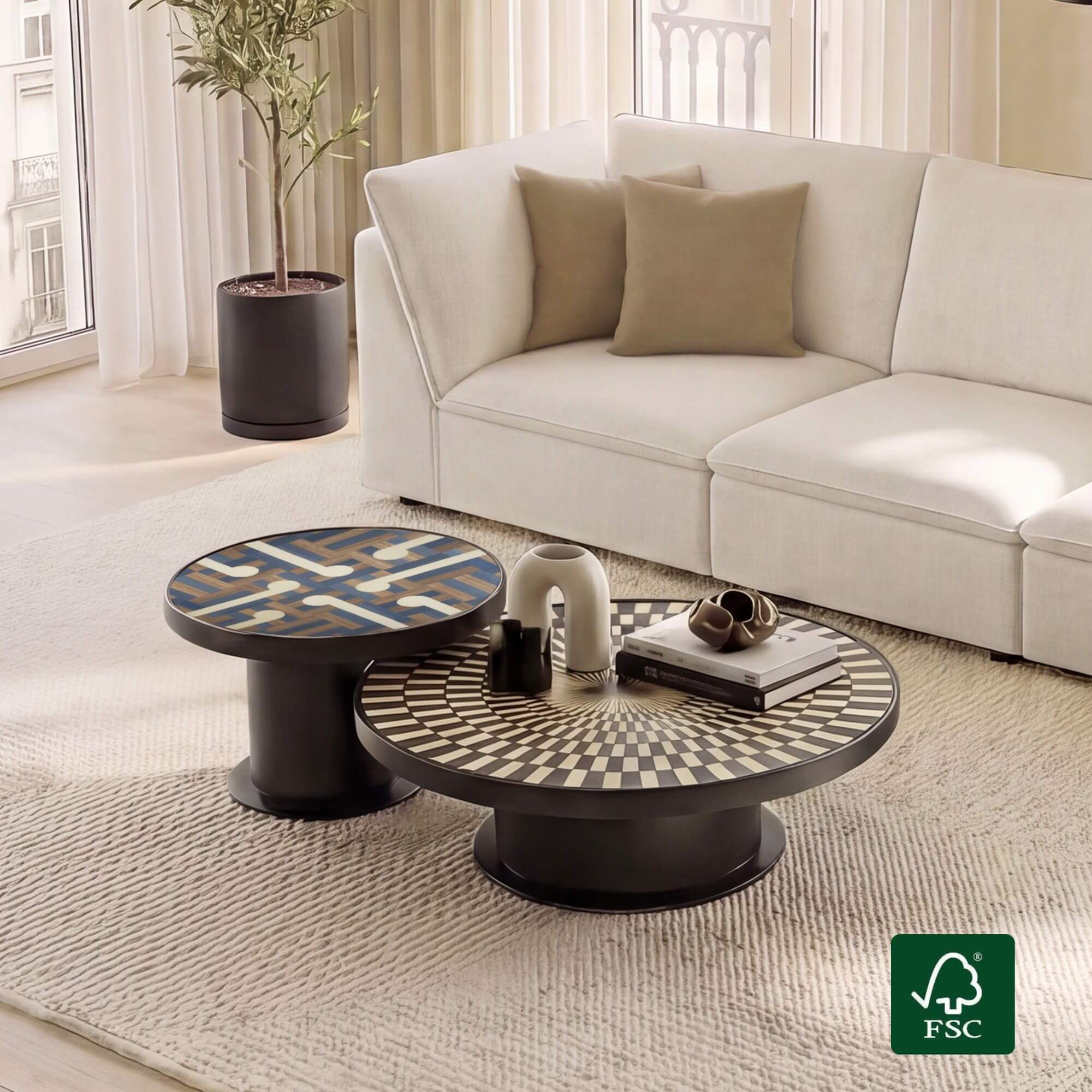 Nesting Coffee Table Set with Artistic Chess Design