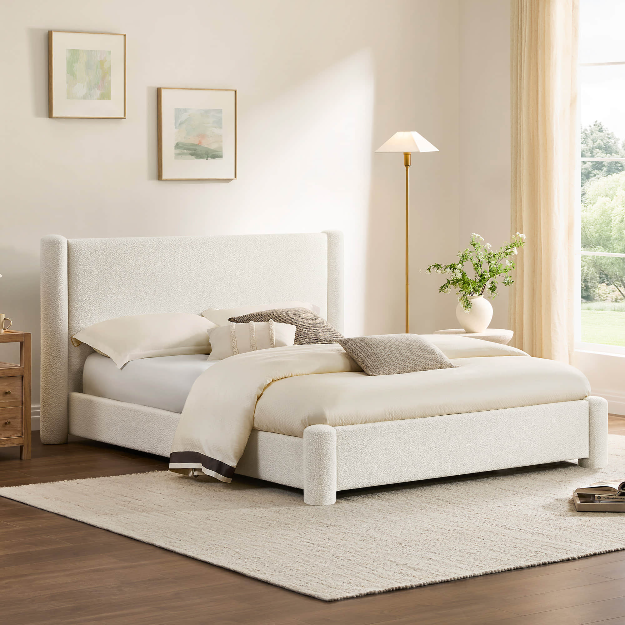Neta Boucle Upholstered Platform Bed in Full & Queen Sizes