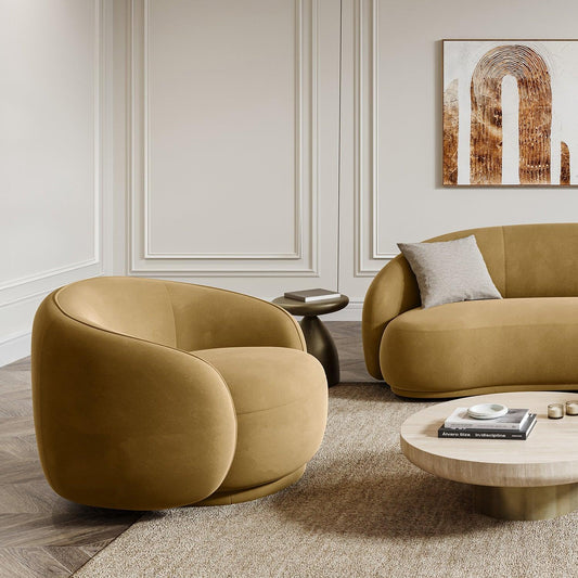 Lounge Chair in Camel Velvet with Curved Back Design