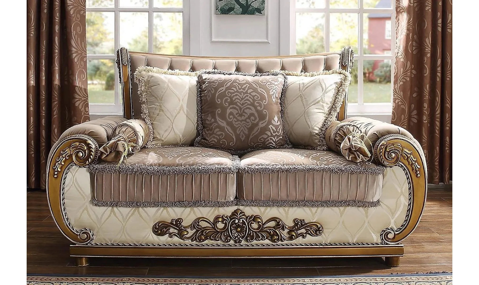 Fabric Sofa with Tufted Back in Brown and Beige