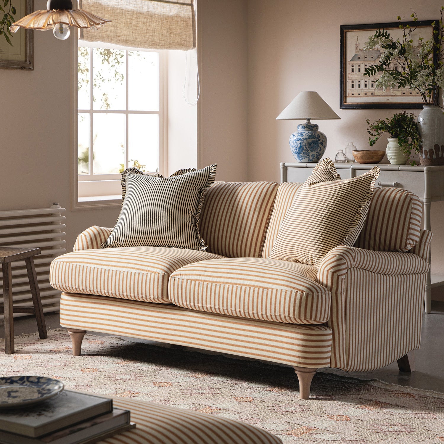 Ochre Striped Linen Blend Sofa with Two-Seat Design