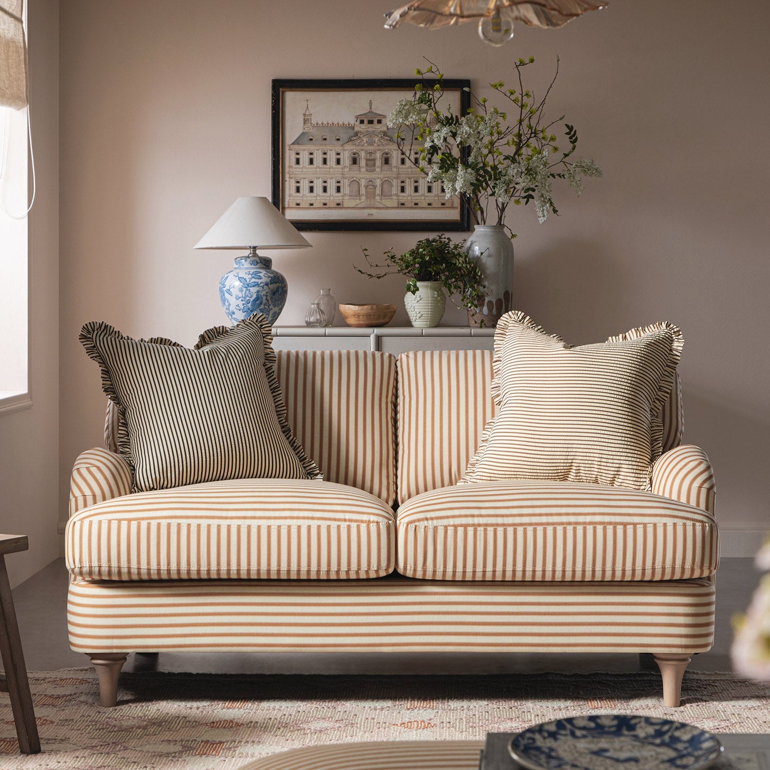 Ochre Striped Linen Blend Sofa with Two-Seat Design