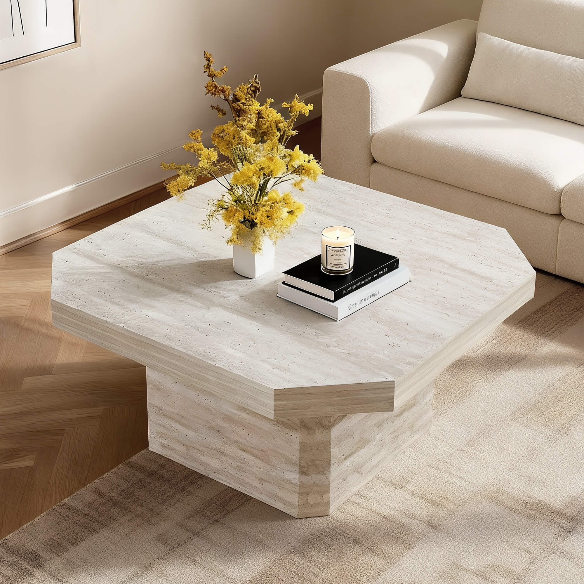 Octagon Travertine Coffee Table in Midcentury Style