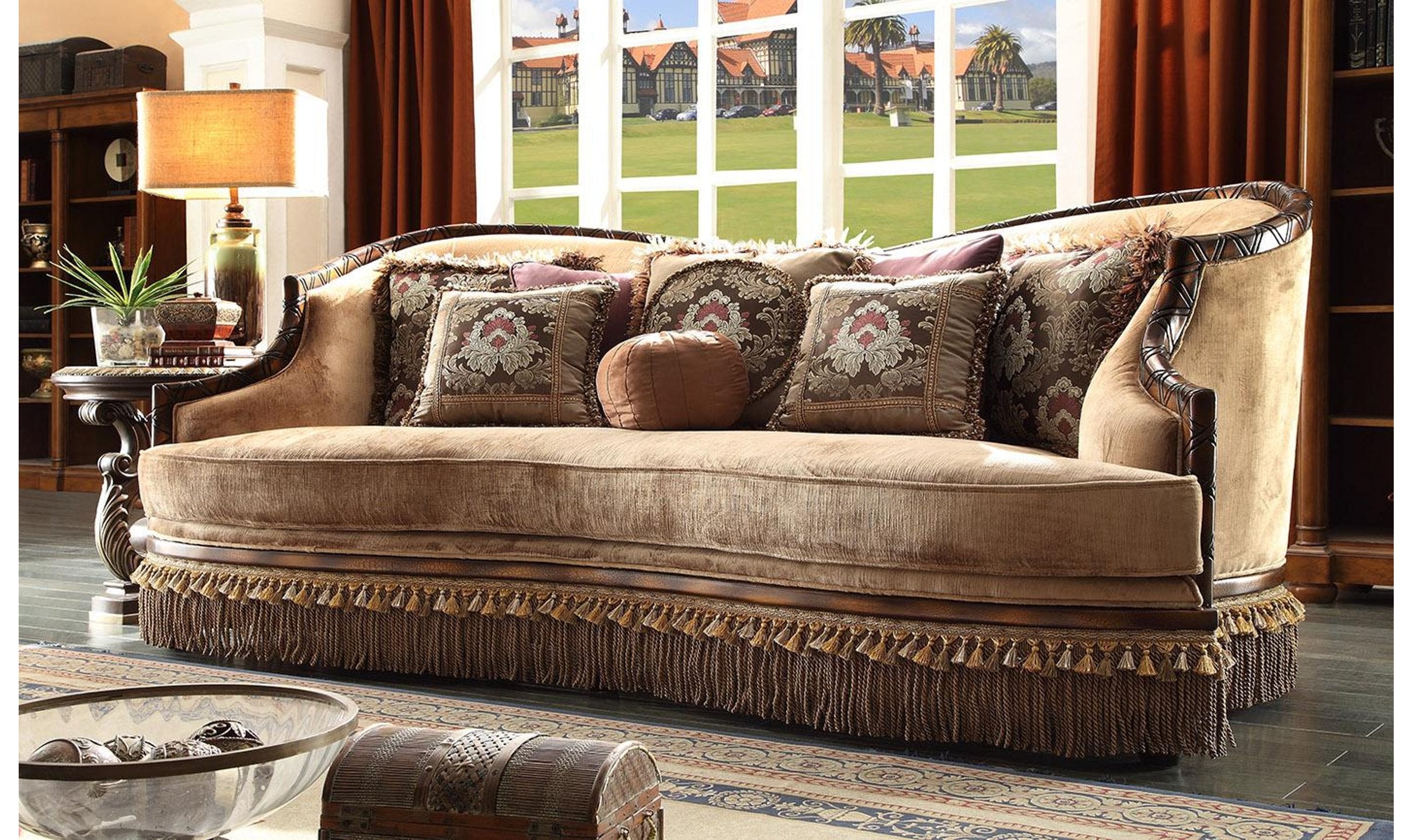 Skirted Apron Sofa in Traditional Style with Neutral Fabric