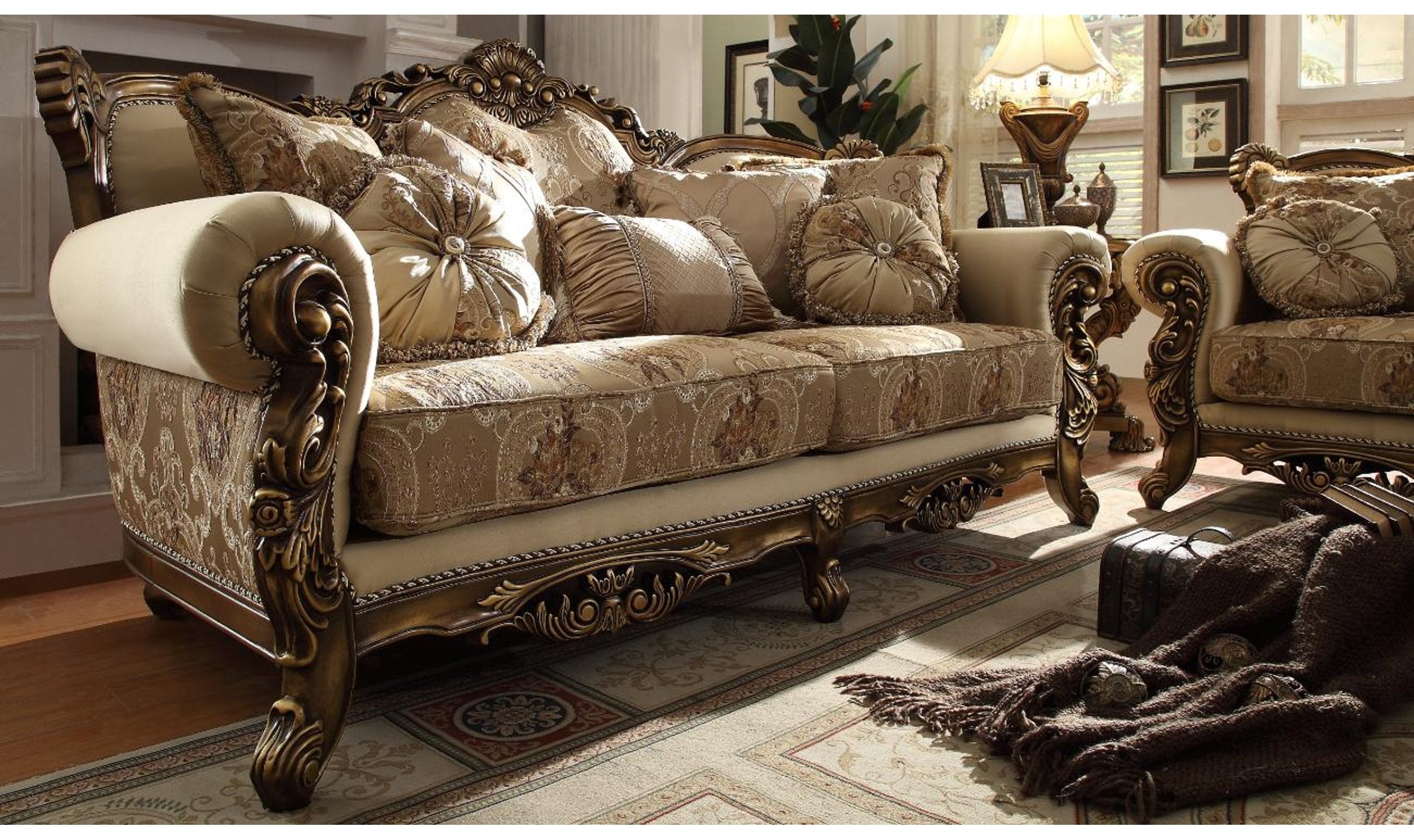 Chenille Fabric Traditional Sofa in Brown with Rolled Arms