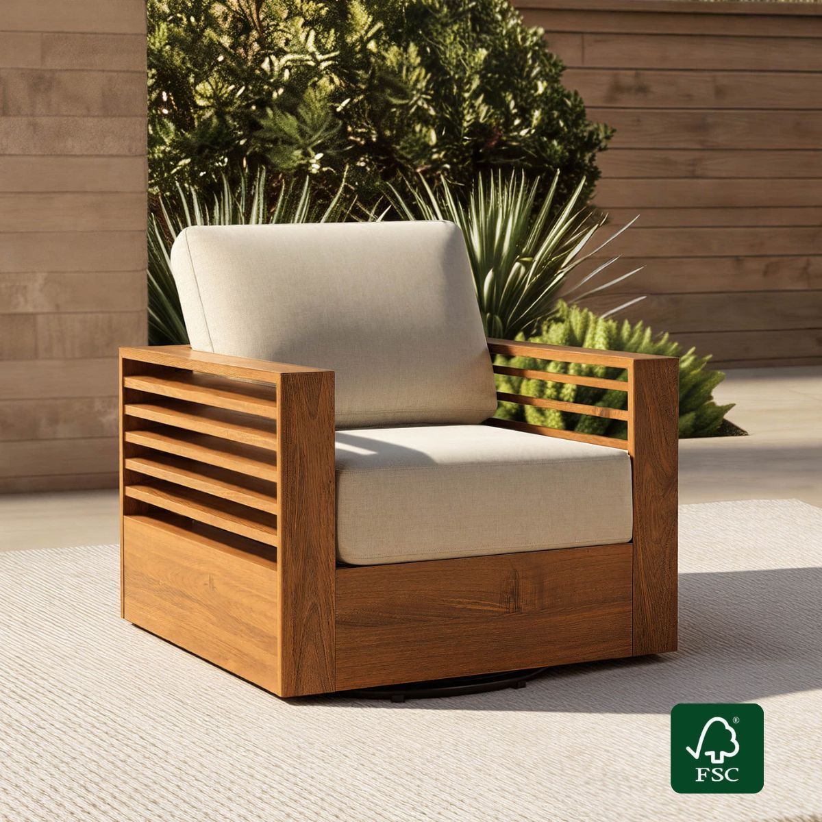 Outdoor Acacia Wood Slatted Swivel Chair in Natural Finish