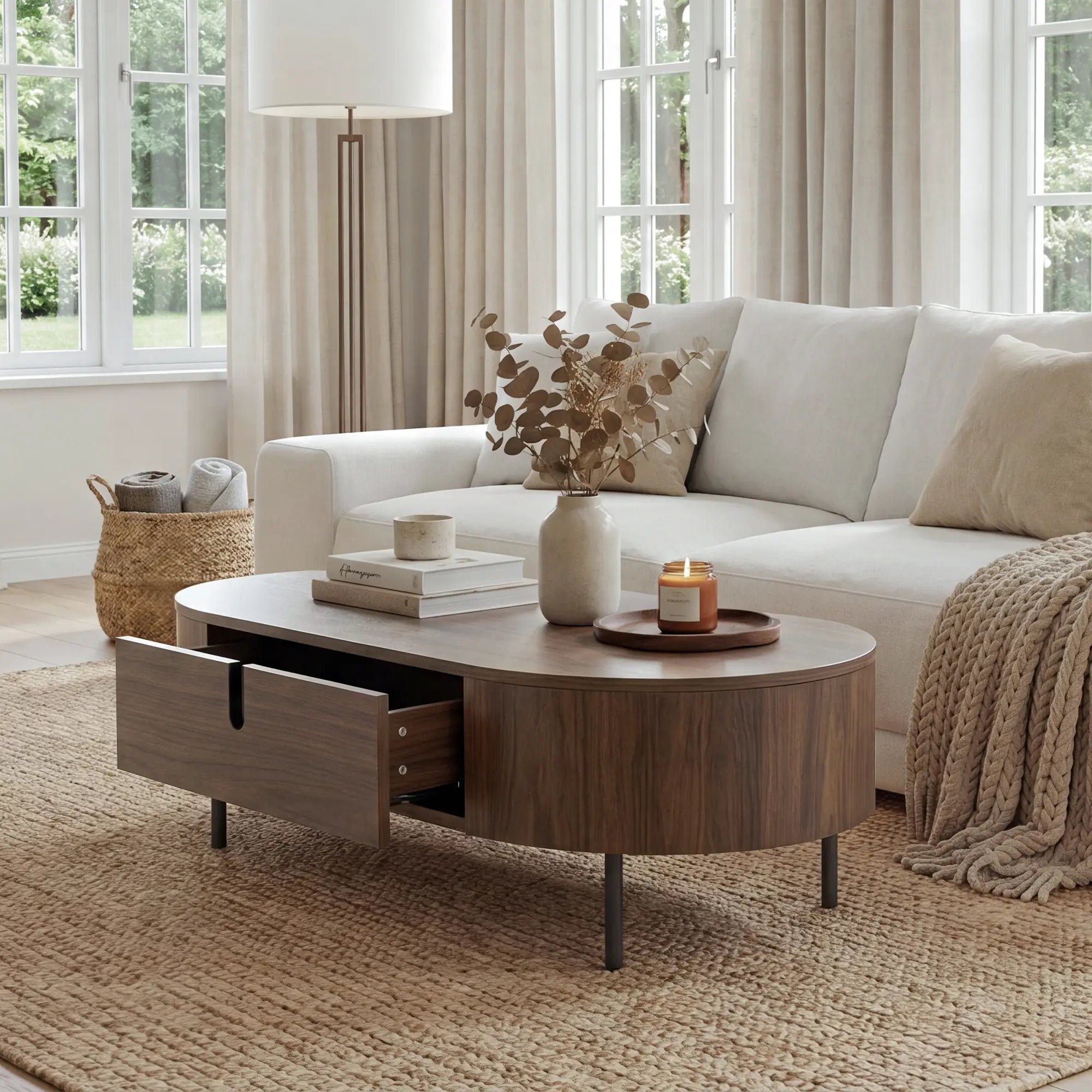 Oval Coffee Table with Two Drawers and Storage Space