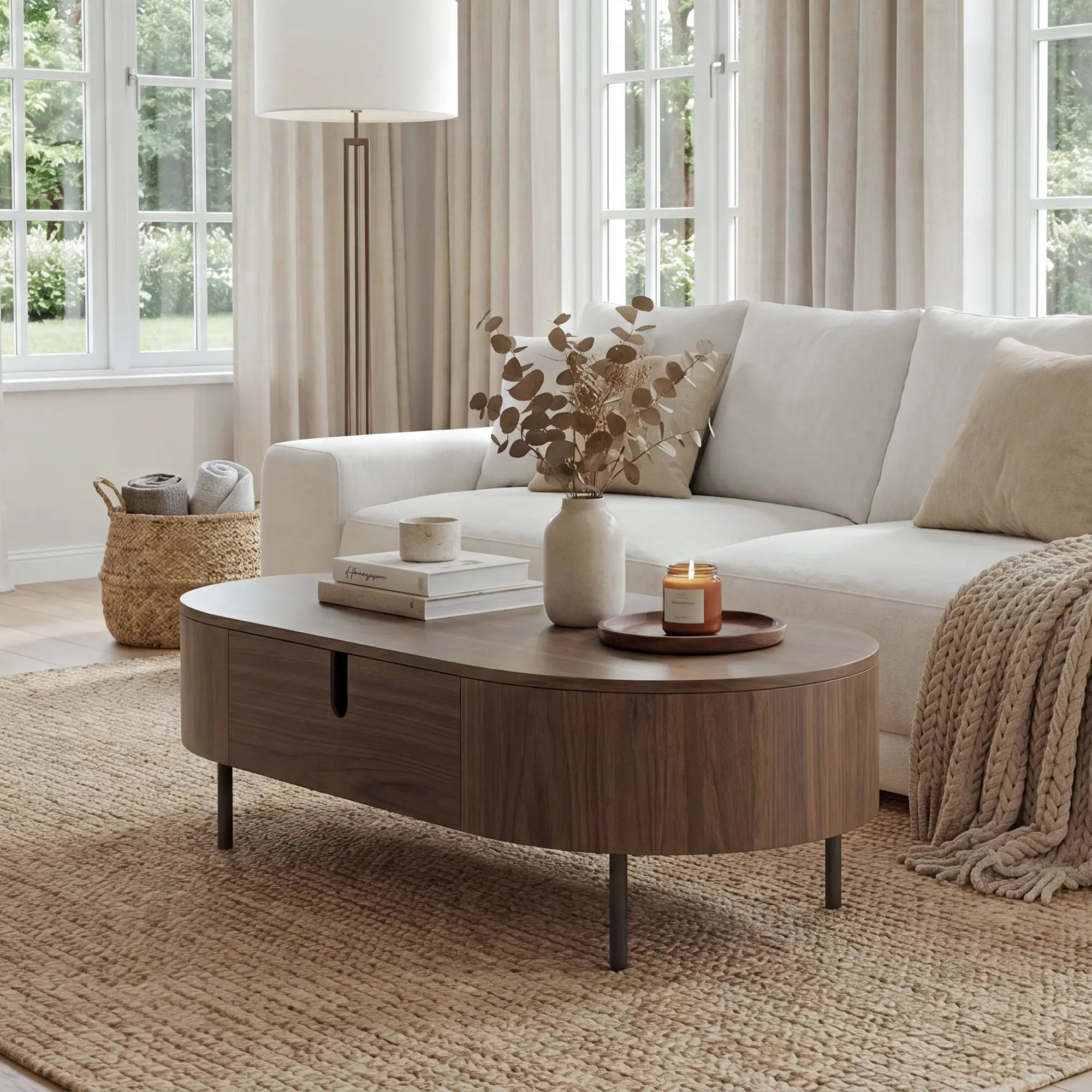 Oval Coffee Table with Two Drawers and Storage Space