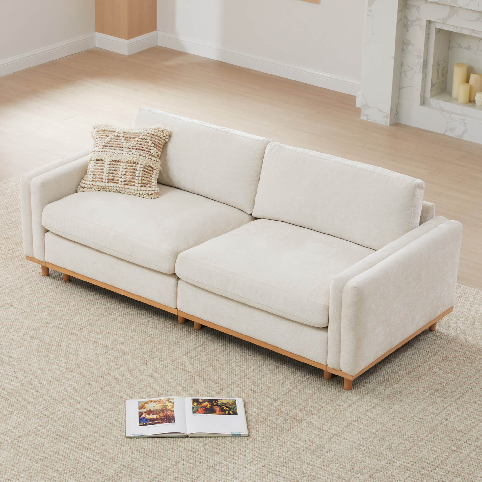 Overstuffed Feather Sectional Sofa with Wood Base