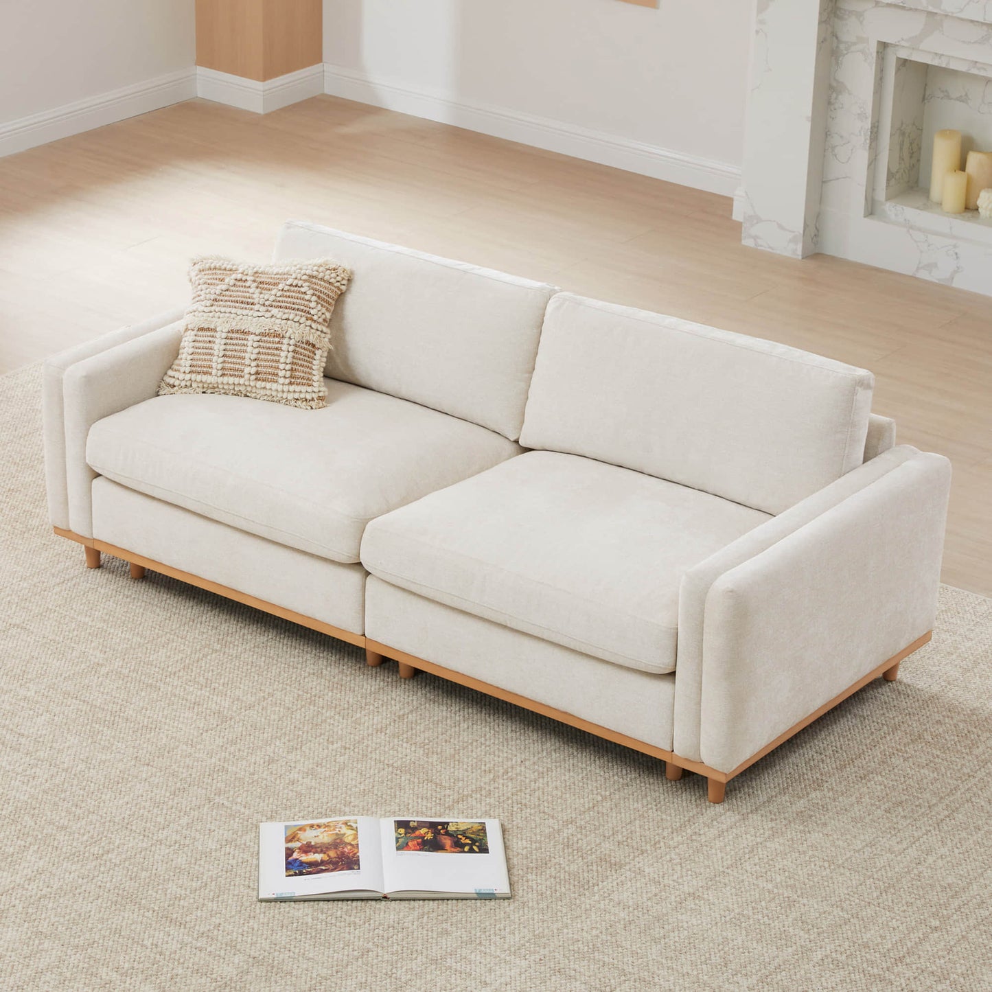 Overstuffed Feather Sectional Sofa with Wood Base
