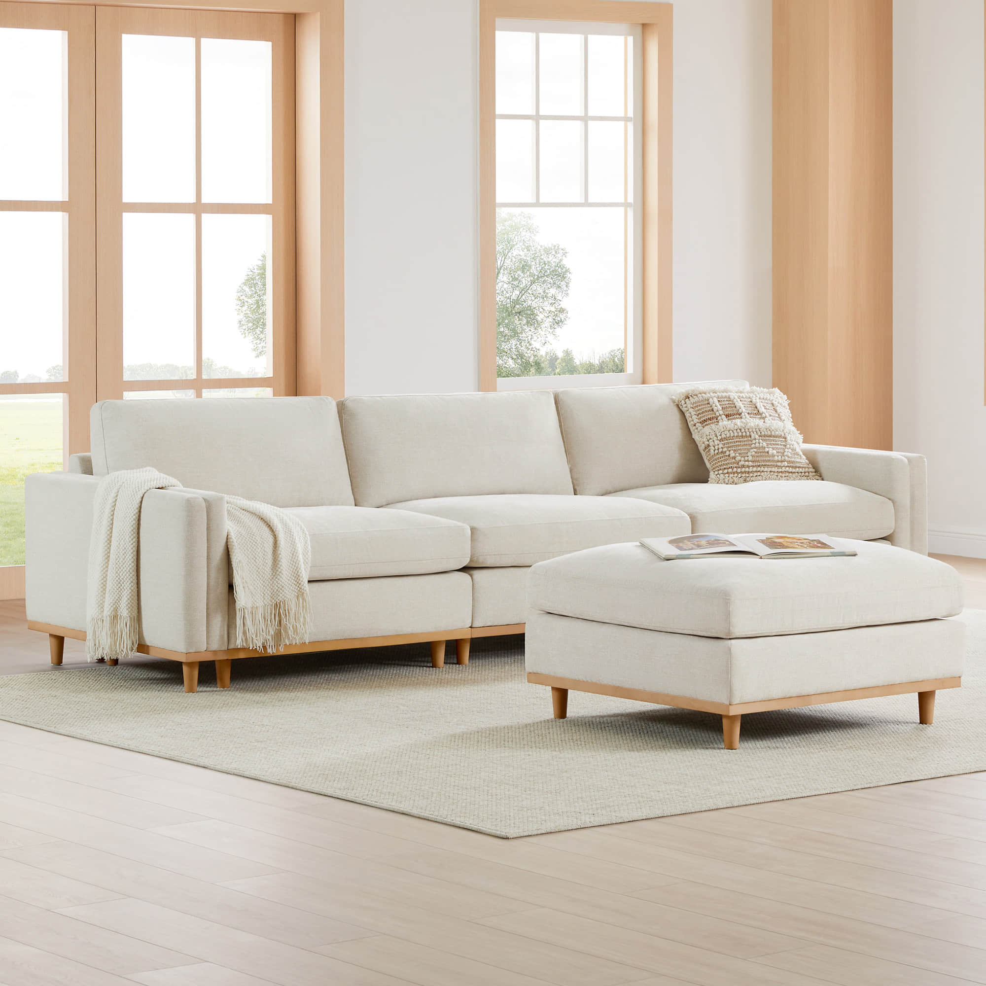 Overstuffed Feather Sectional Sofa with Wood Base, 4-Piece