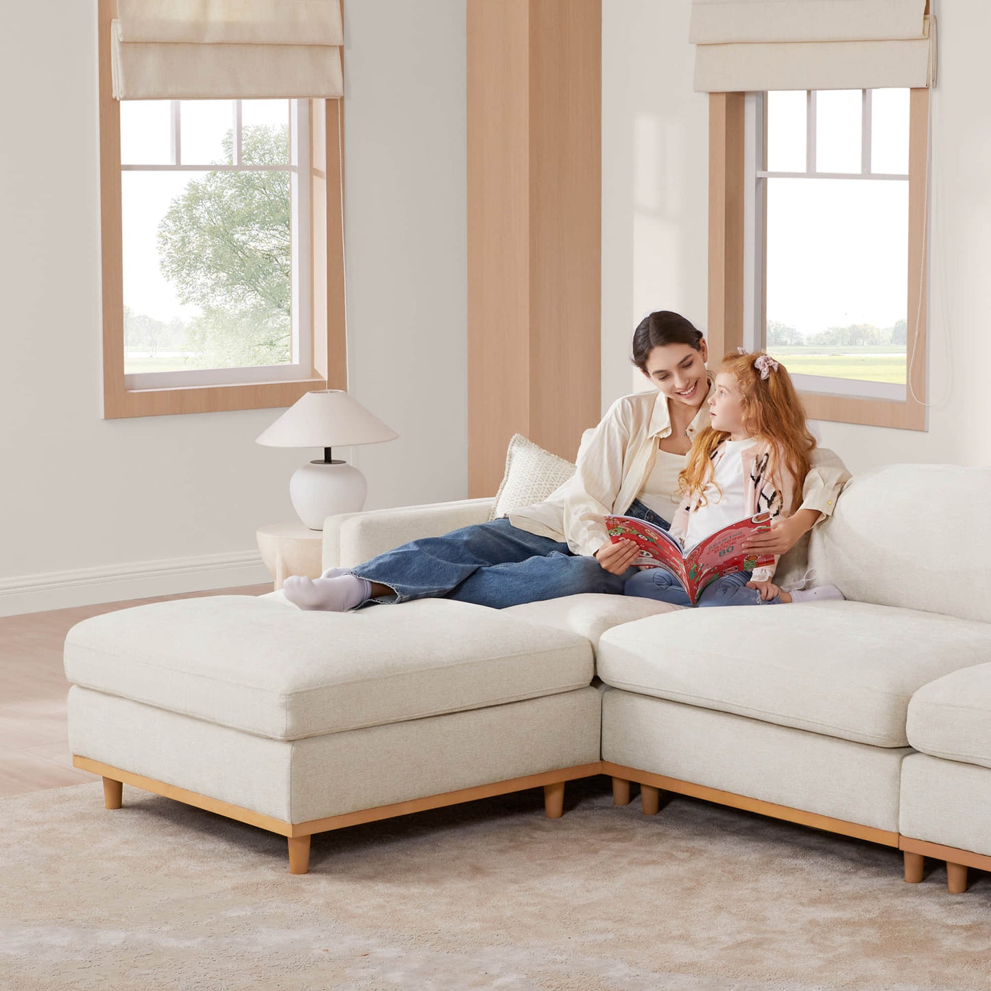 Overstuffed Feather Sectional Sofa with Wood Base, 4-Piece