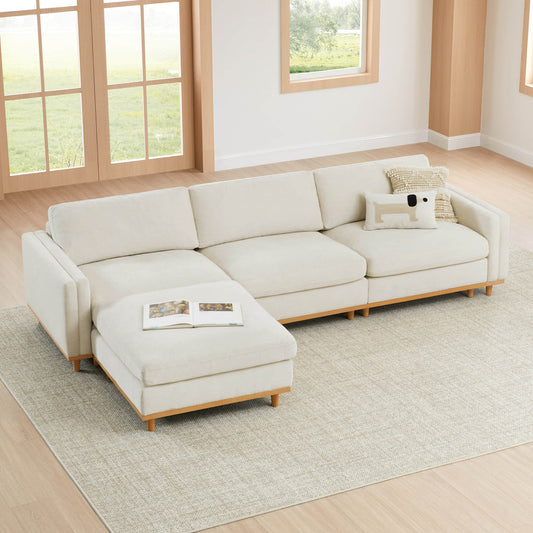 Overstuffed Feather Sectional Sofa with Wood Base, 4-Piece