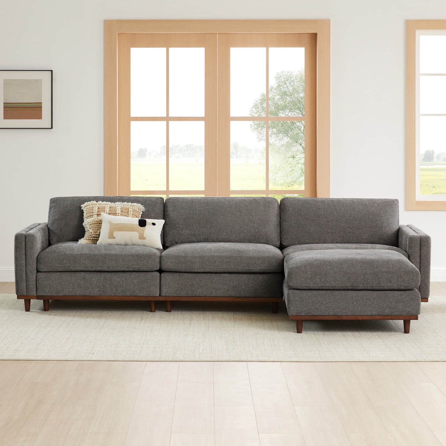 Overstuffed Feather Sectional Sofa with Wood Base, 4-Piece