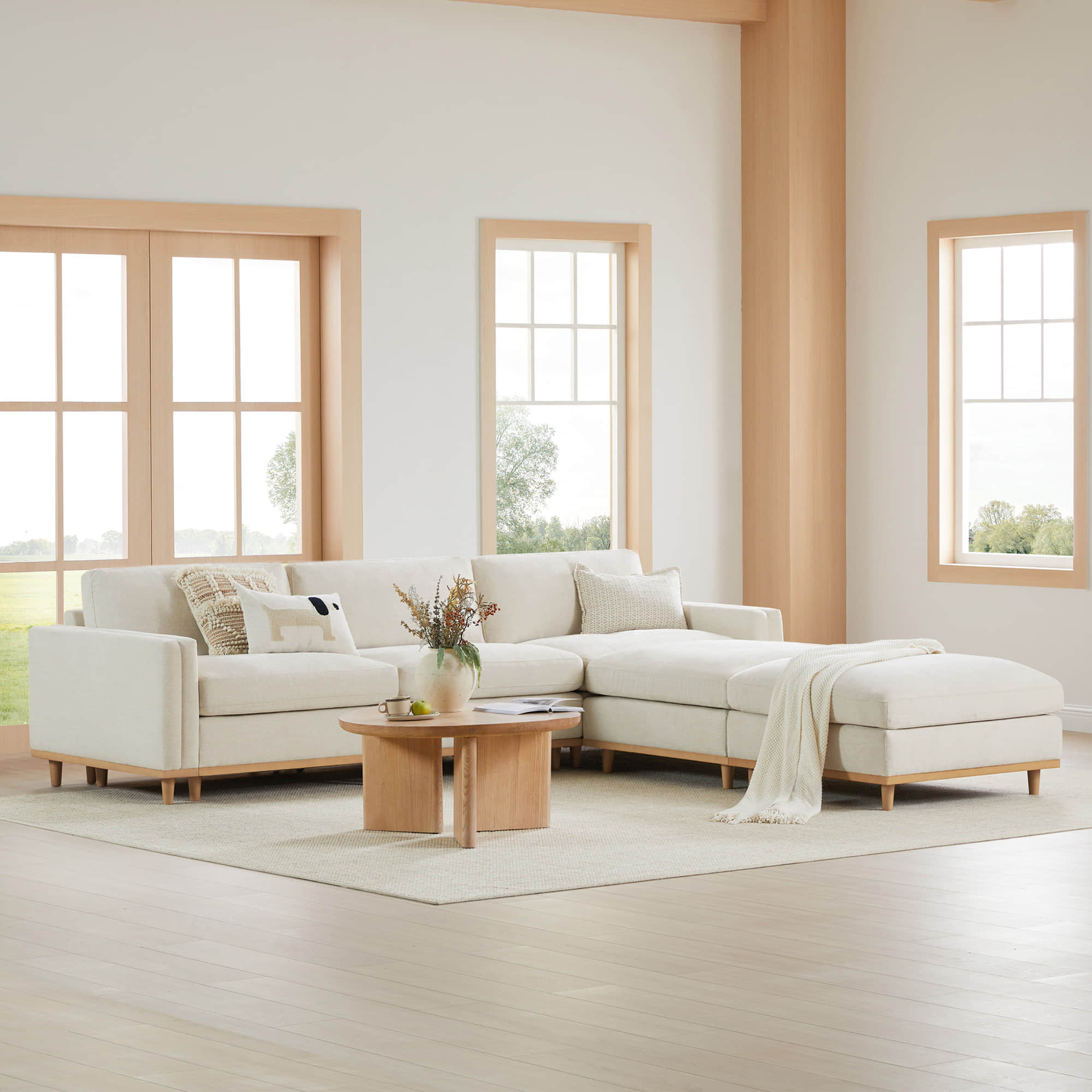 Overstuffed Sectional Sofa with Feather Fill and Wood Base