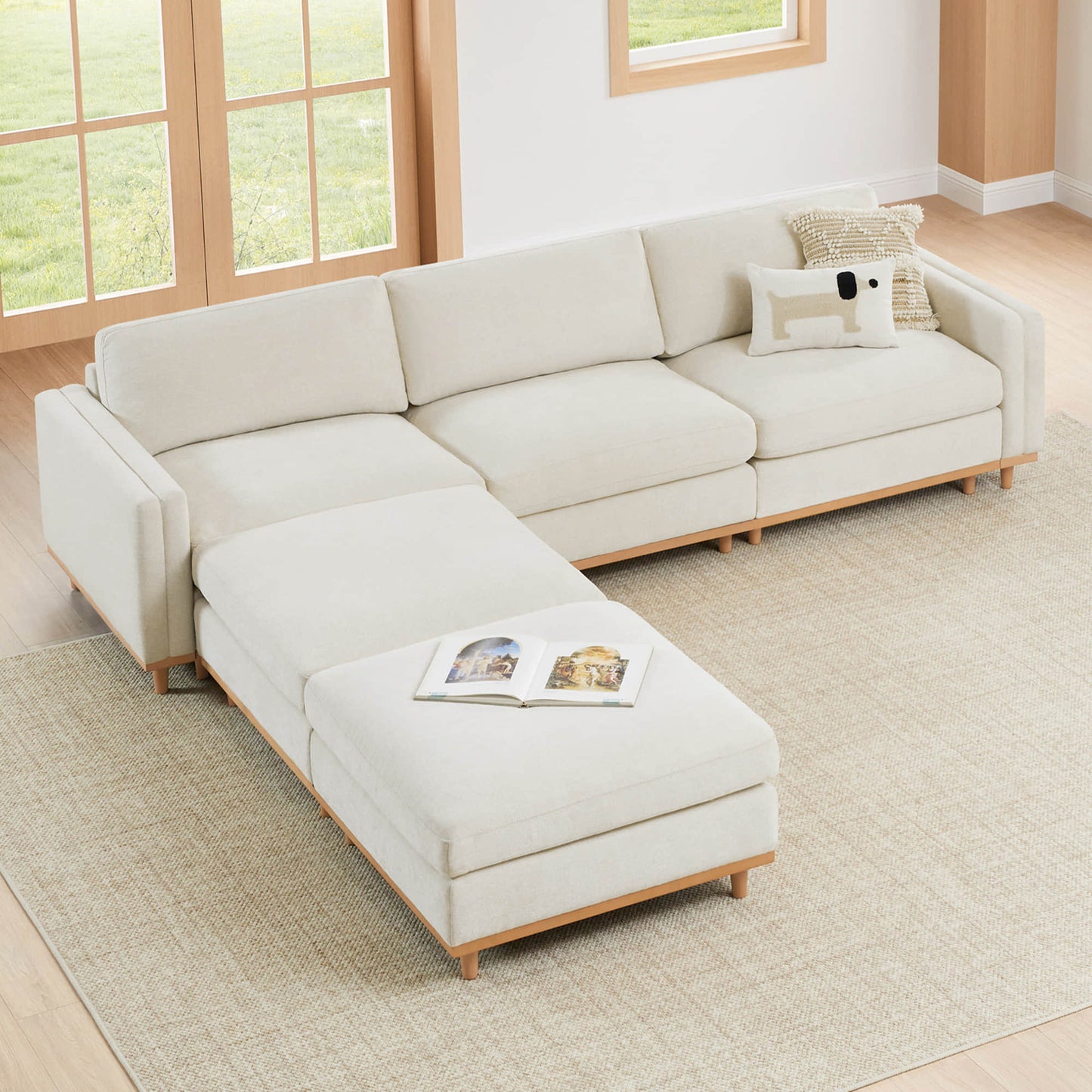 Overstuffed Sectional Sofa with Feather Fill and Wood Base