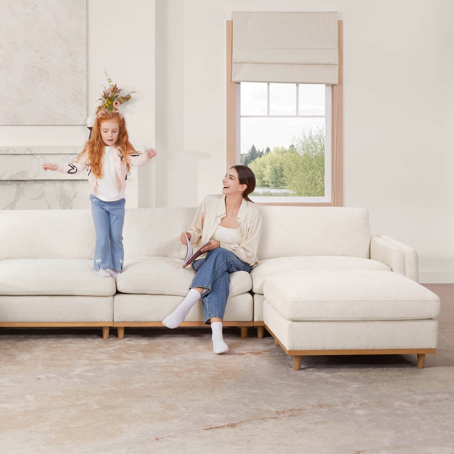 Overstuffed Sectional Sofa with Feather Fill and Wood Base