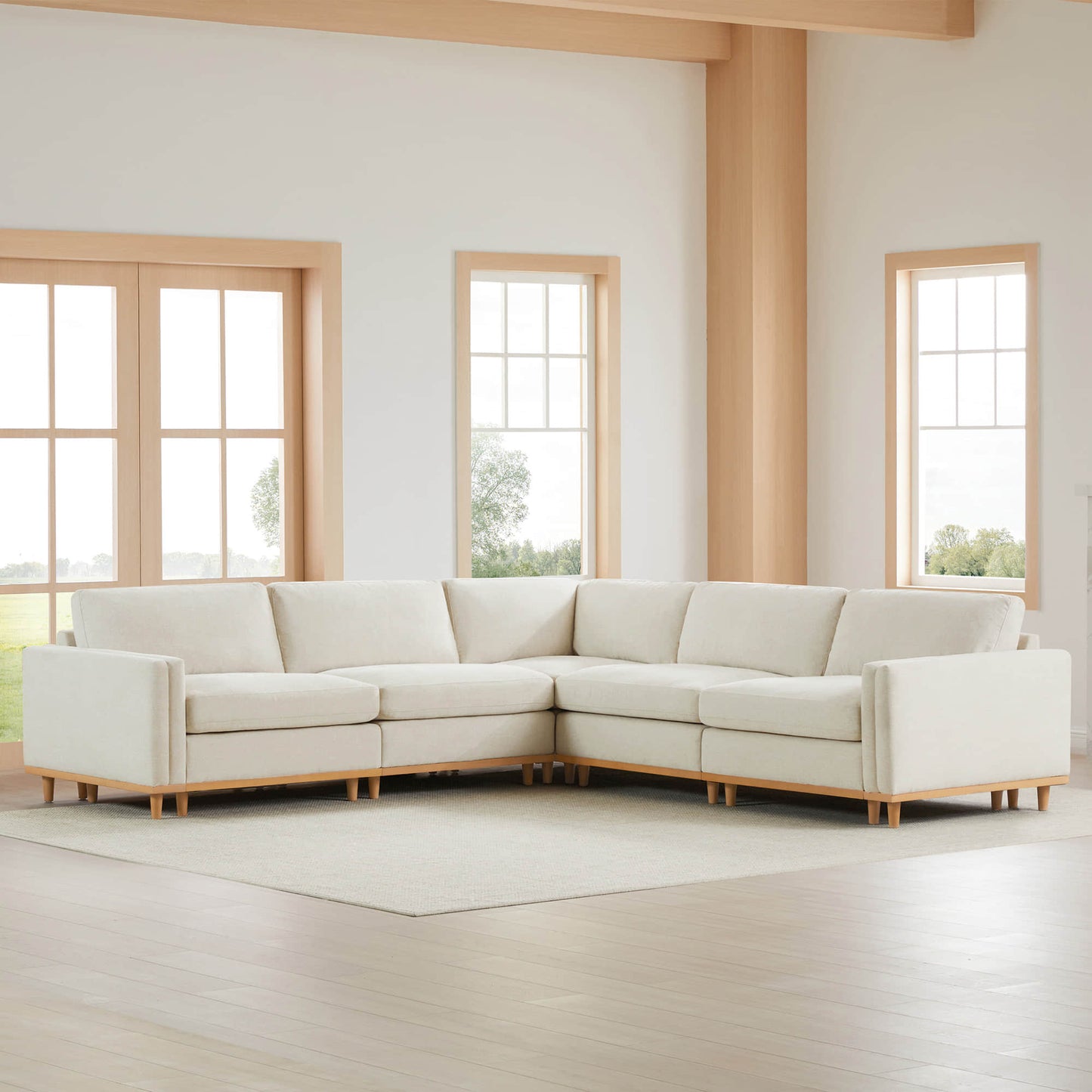 Overstuffed Sectional Sofa with Feather Fill and Wood Base