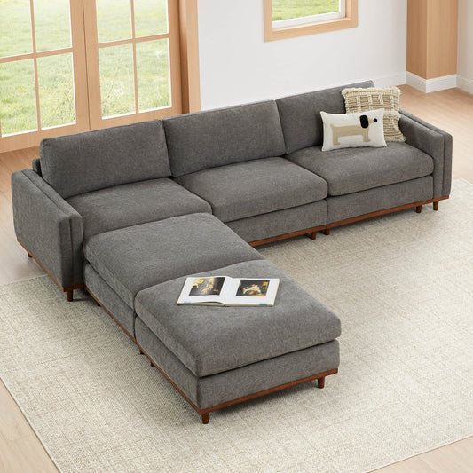 Overstuffed Sectional Sofa with Feather Fill and Wood Base