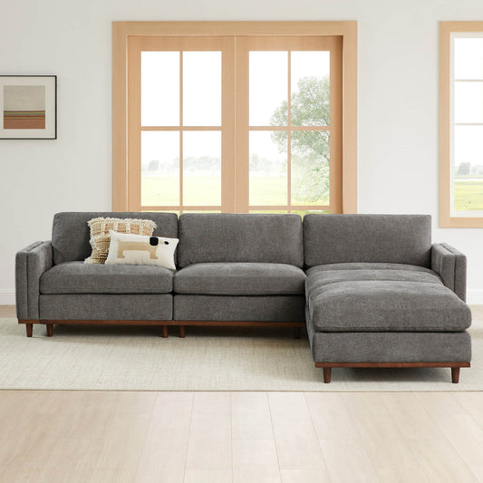 Overstuffed Sectional Sofa with Feather Fill and Wood Base