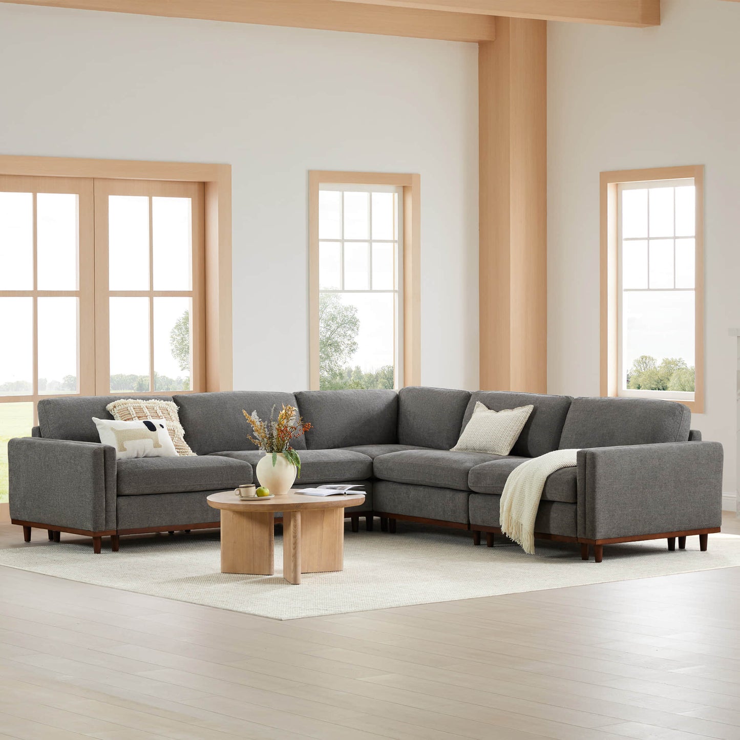 Overstuffed Sectional Sofa with Feather Fill and Wood Base