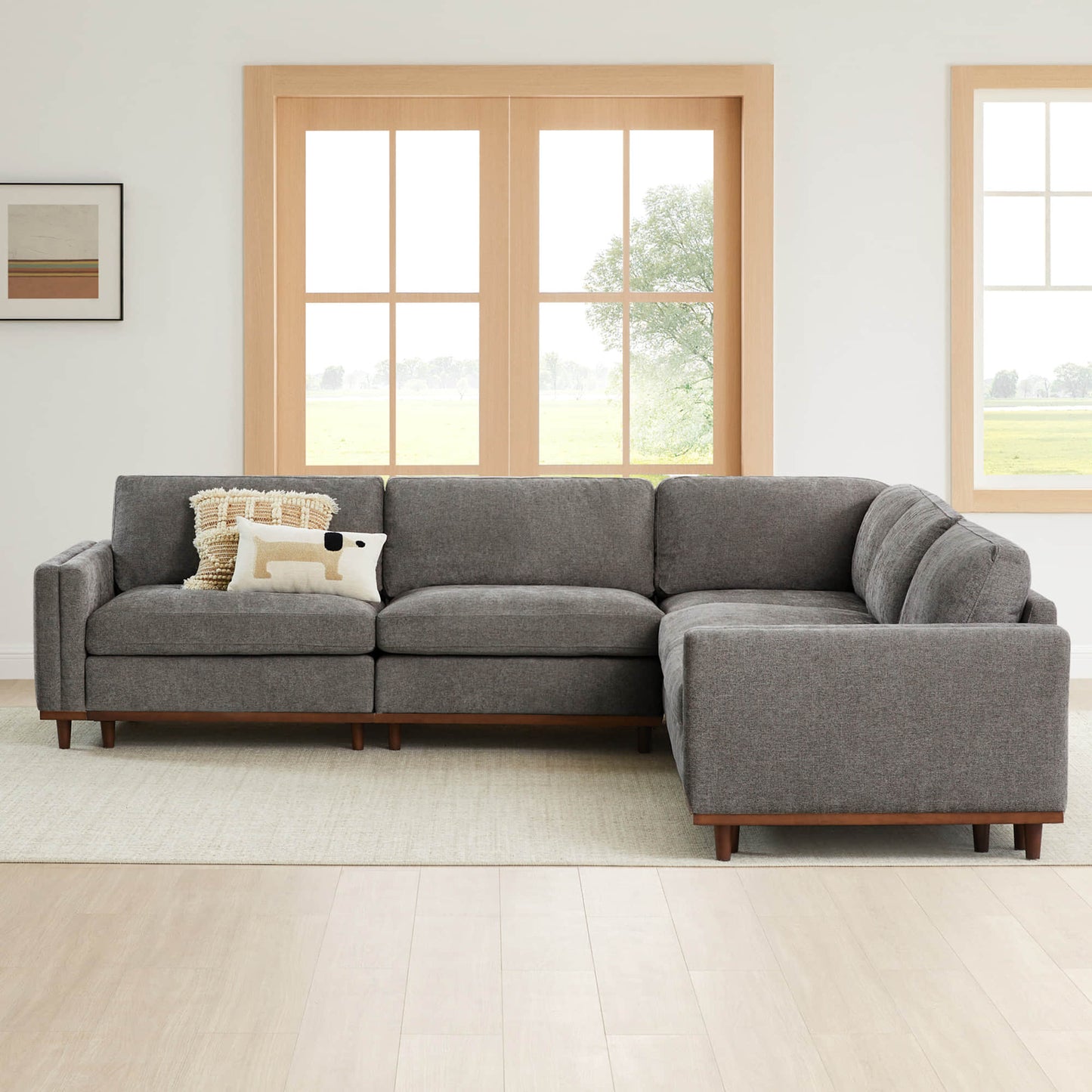 Overstuffed Sectional Sofa with Feather Fill and Wood Base