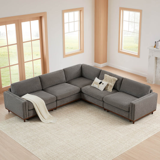 Overstuffed Sectional Sofa with Feather Fill and Wood Base