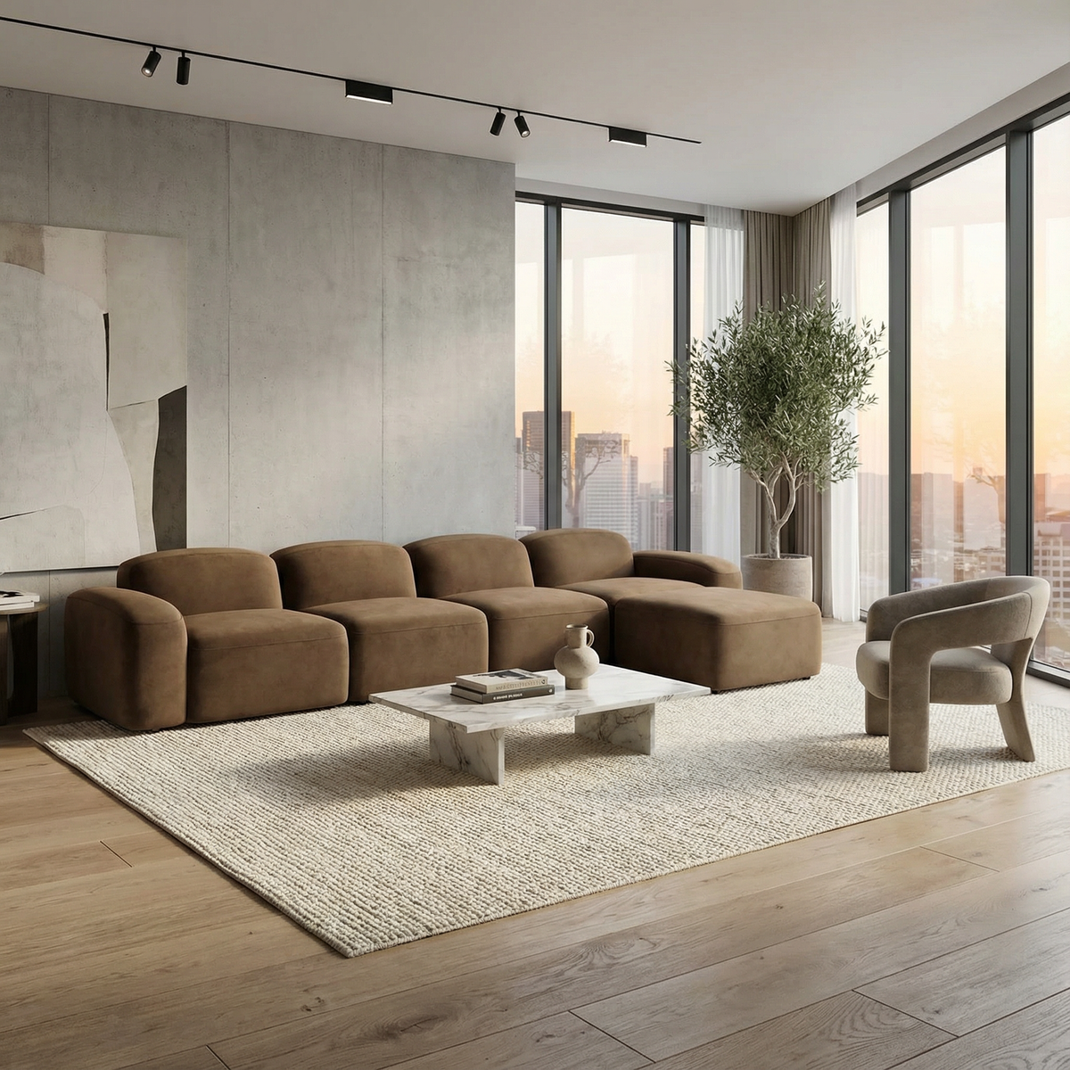Large Sectional Sofa in Brown Velvet with Curved Arms