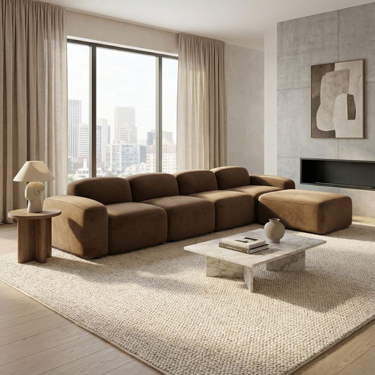 Large Sectional Sofa in Brown Velvet with Curved Arms