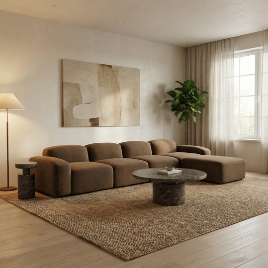 Large Sectional Sofa in Brown Velvet with Curved Arms