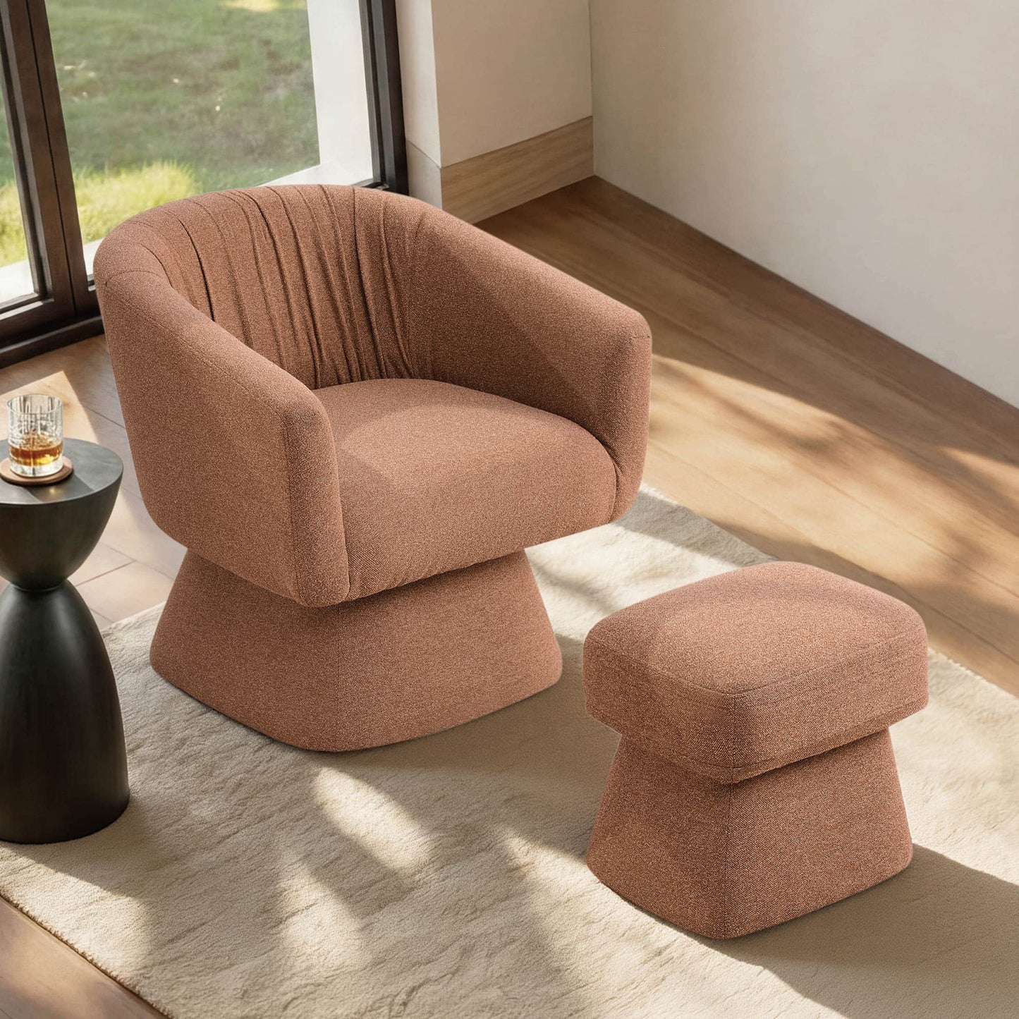 Pleated Swivel Accent Chair with Matching Ottoman