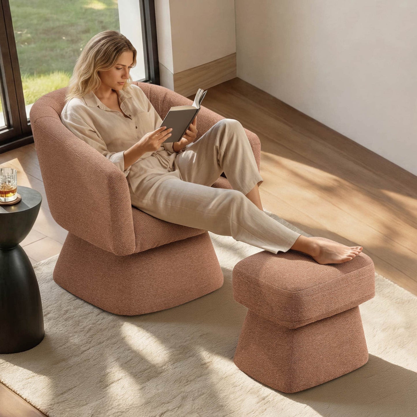 Pleated Swivel Accent Chair with Matching Ottoman