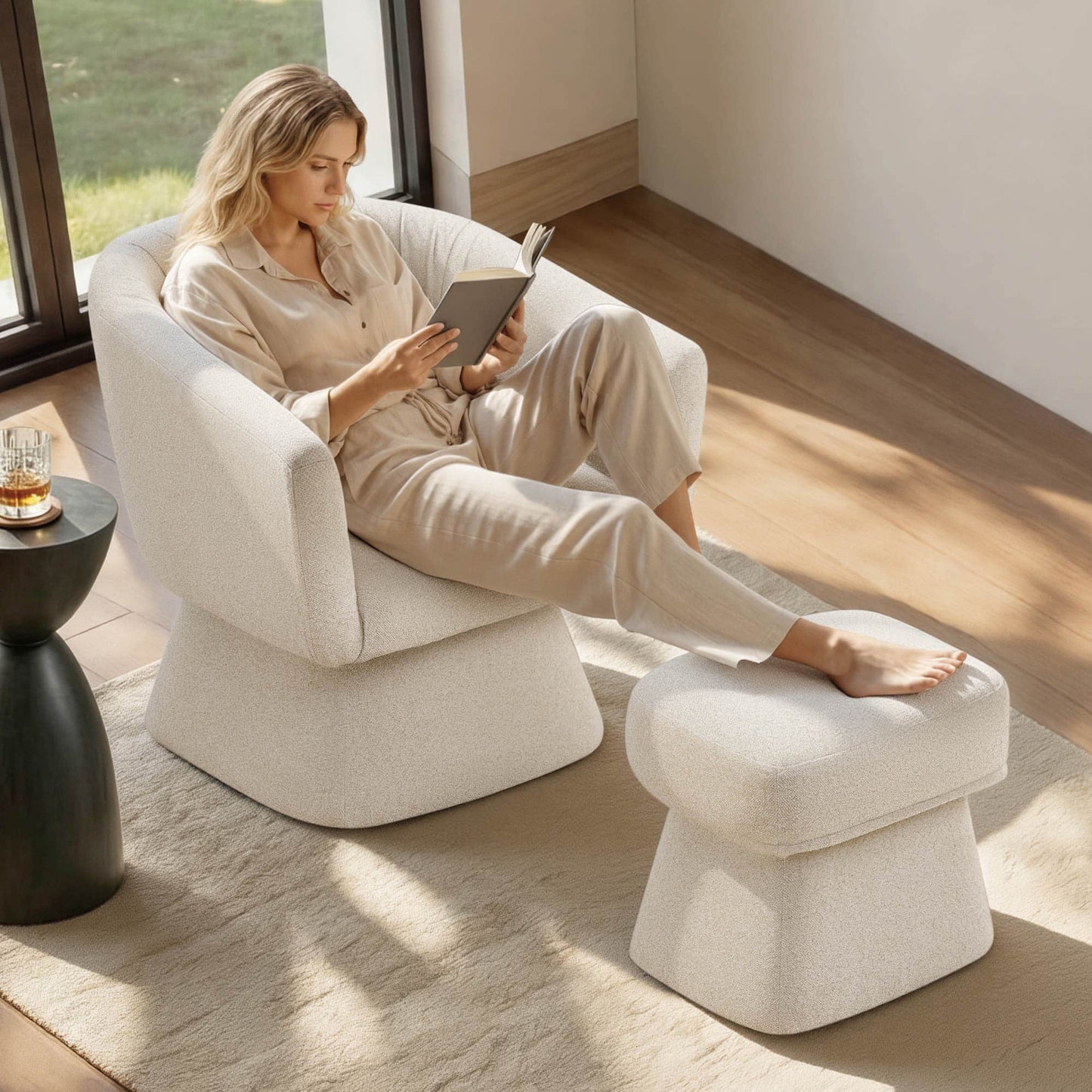 Pleated Swivel Accent Chair with Matching Ottoman