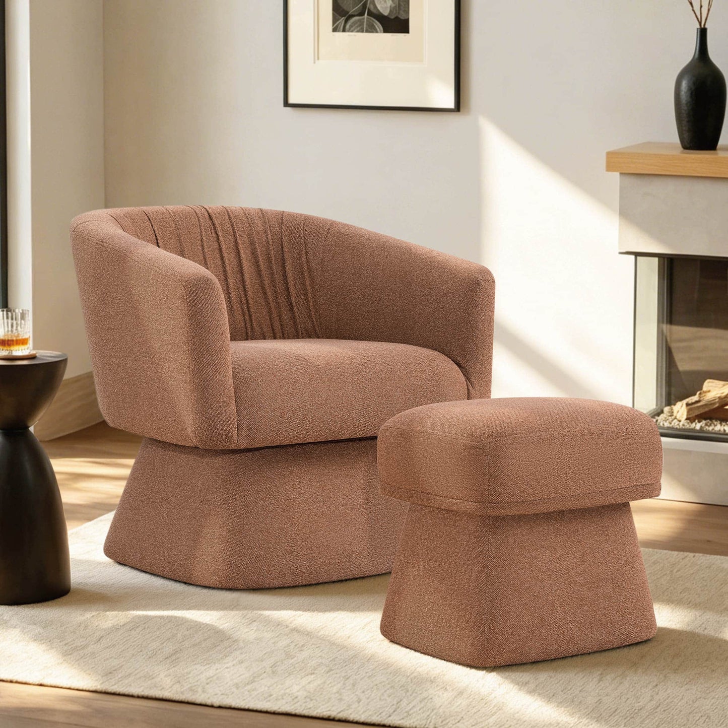 Pleated Swivel Accent Chair with Matching Ottoman