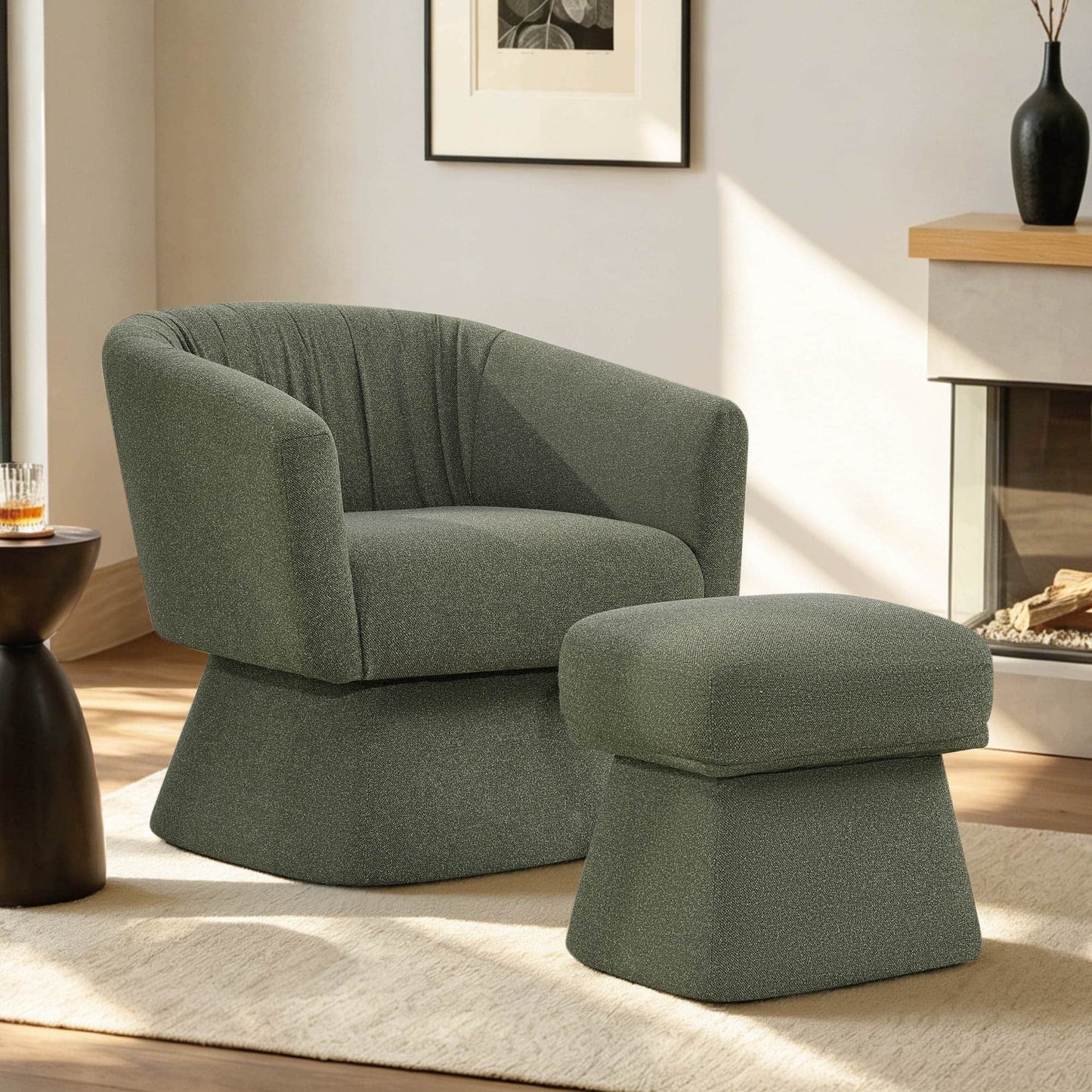 Pleated Swivel Accent Chair with Matching Ottoman